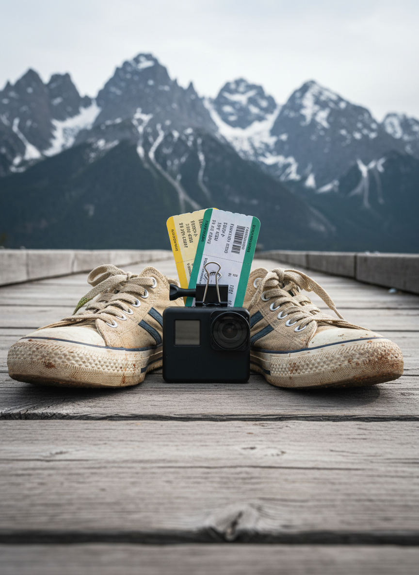 A pair of well-worn canvas sneakers with specks of dried mud and faint grass stains, propped on the edge of a wooden boardwalk that stretches toward a distant mountain range. Between the shoes sits a compact action camera and a small stack of colorful train tickets secured with a simple metal clip. The scene is lit by soft, diffused overcast light, giving the weathered textures a gentle, muted quality while preserving rich details in the wood grain and fabric. Shot from a low, close-up perspective with the boardwalk leading into the distance, the composition feels spontaneous and free, emphasizing personal adventure in a realistic photographic style.