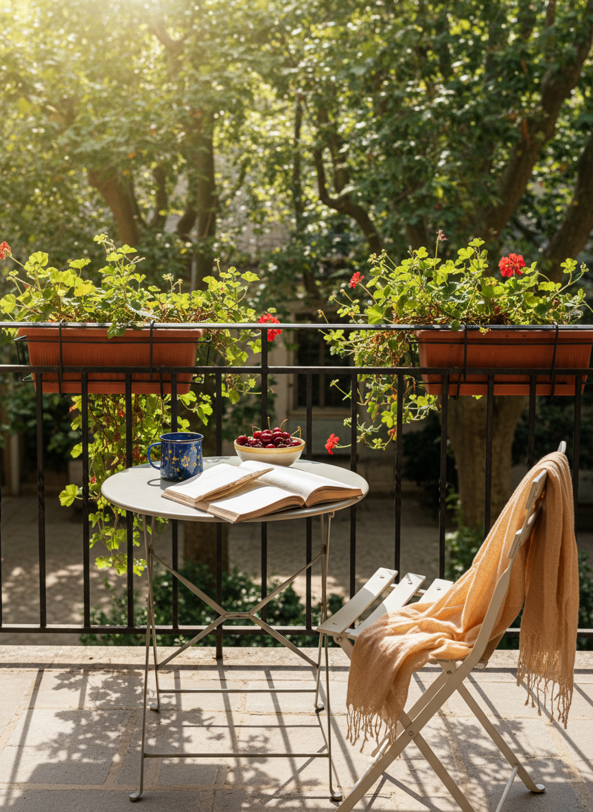 A small, sun-drenched balcony overlooking a leafy courtyard, with a simple metal railing and terracotta potted plants lined along the edge. In the center, a low bistro table holds a colorful enamel mug, an open guidebook with dog-eared pages, and a tiny ceramic bowl filled with fresh cherries. A lightweight linen scarf is draped over the back of a folding chair, gently stirred by an unseen breeze. Late morning sunlight creates bright highlights and soft, crisp shadows, emphasizing the textures of ceramic, fabric, and leaves. Captured from eye level in photographic realism, the mood is quietly joyful and free, evoking slow, playful travel mornings.