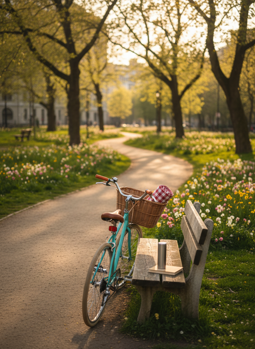 A narrow park path curving gently through a quiet city green space, bordered by lush grass and clusters of wildflowers in soft pinks and yellows. In the foreground, a colorful retro-style bicycle with a wicker basket leans against a simple wooden bench. The basket holds a folded picnic blanket, a reusable water bottle, and a small paperback book with a plain cover. Late afternoon sunlight streams through the trees, creating a golden haze and a pattern of dappled light on the path. Captured from a slightly elevated, wide-angle perspective in realistic photographic style, the mood is lighthearted and free, suggesting spontaneous urban exploring and peaceful solo moments.