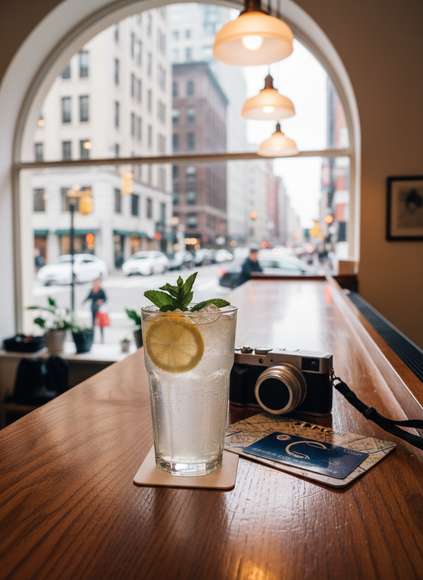 A polished wooden bar counter inside a cozy, independent café, with a large window revealing a blurred city street outside. On the counter sits a glass of sparkling lemonade with slices of lemon and fresh mint leaves, tiny bubbles catching the light. Beside it lies a compact mirrorless camera with a simple strap, and a transit card peeks out from beneath a folded city map. Warm pendant lights above create soft highlights on the glass and gentle reflections on the wood. Shot at a slight angle in photographic realism with shallow depth of field, the image feels playful, relaxed, and full of anticipation between travel adventures.