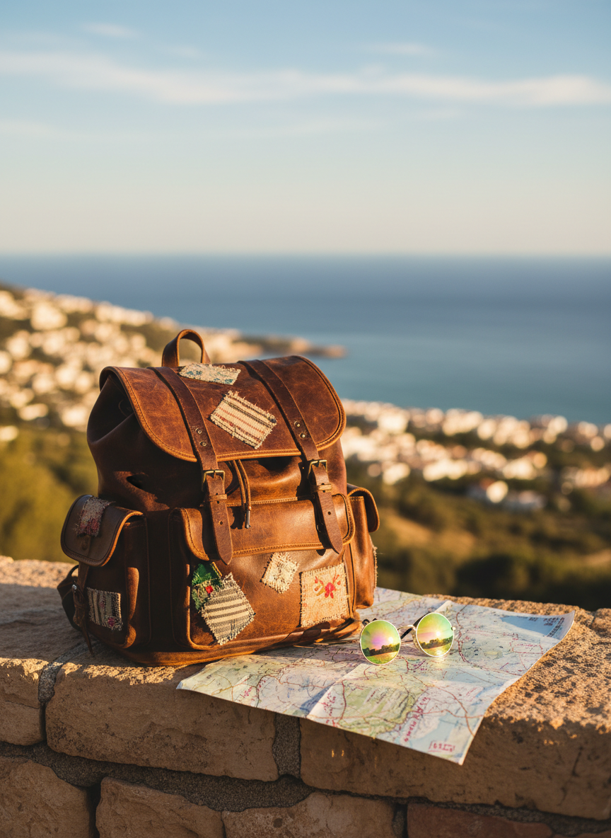 A well-traveled vintage leather backpack with scuffed corners and colorful fabric patches, resting on a sun-warmed stone wall that overlooks a distant coastal town. Next to it lies an open paper map with creases and handwritten marks, and a pair of round sunglasses with mirrored lenses reflecting the soft blue sky. Late afternoon golden hour light bathes the scene, casting long, gentle shadows and giving the leather a rich, warm glow. Shot at eye level with a shallow depth of field, the backpack is in crisp focus while the town and sea blur into a dreamy bokeh, creating a playful, wanderlust-filled, photographic realism aesthetic.
