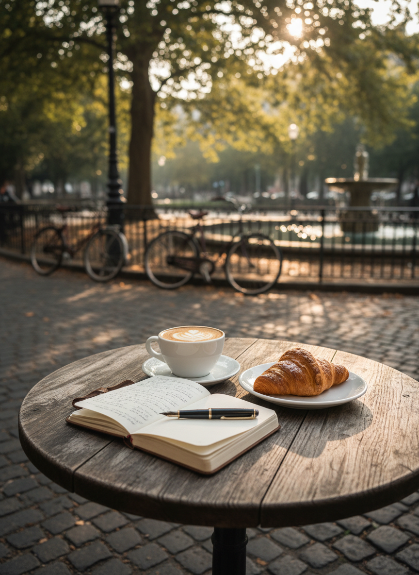 A small round café table with a weathered wooden surface, set on a cobblestone street beside a quiet park. On the table sits a pristine white ceramic cup filled with frothy cappuccino, a crumb-dusted croissant on a simple plate, and a slightly open travel journal with a pen resting across its spine. Soft morning light filters through overhanging trees, dappling the table with shifting patches of sunlight and shadow. In the blurred background, bicycles lean casually against a low fence and a fountain sparkles. Captured from a slightly elevated angle in photographic realism, the mood is relaxed, playful, and intimately travel-focused.