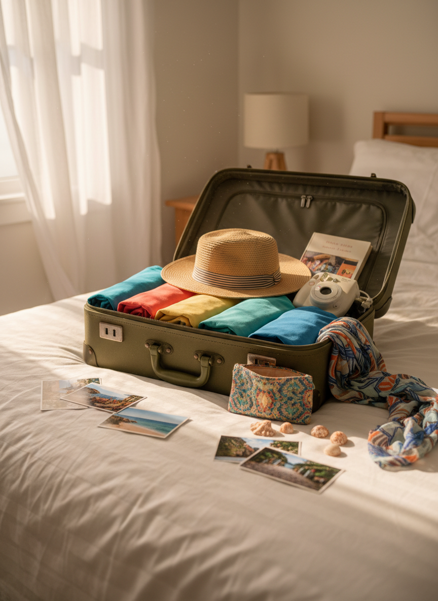 An open suitcase on a cozy bed with a rumpled white duvet inside a small, sunlit guesthouse room. The suitcase is half-packed with neatly rolled T-shirts in bright, playful colors, a wide-brimmed straw hat, a paperback novel, and a small instant camera. Around the suitcase are scattered postcard-sized travel photos, a fabric pouch of seashells, and a lightweight scarf draped casually over the edge. Warm midday light pours through a nearby window with sheer curtains, casting soft, inviting shadows across the scene. Photographic realism with an eye-level composition and moderate depth of field creates an intimate, authentic snapshot of travel preparation, full of excitement and freedom.